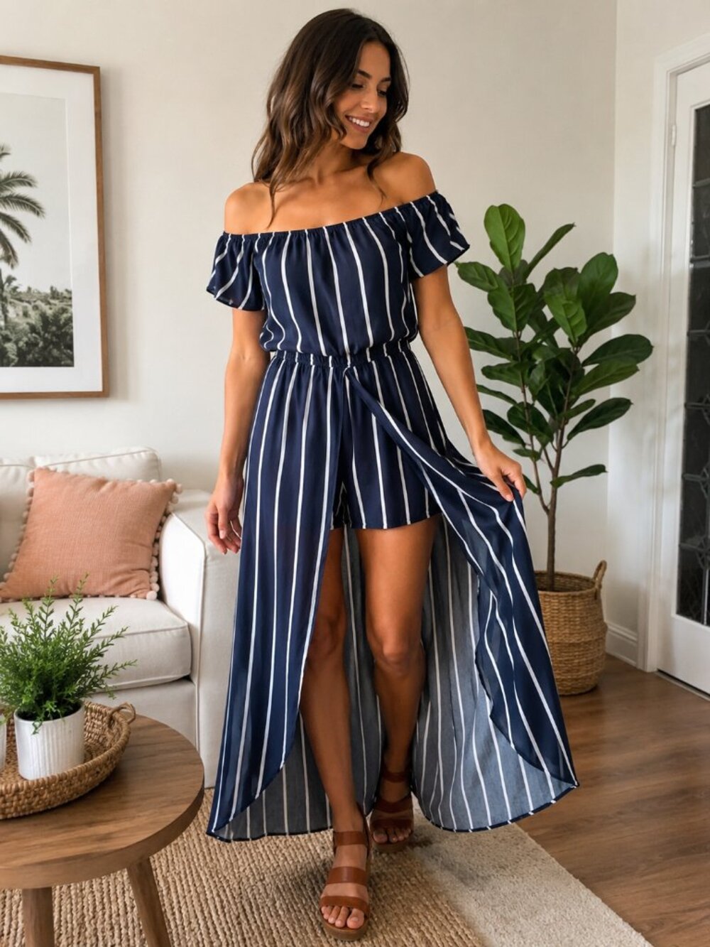 J forJustify Womens XL Off Shoulder Striped Romper Maxi Overlay Dress Rayon Boho